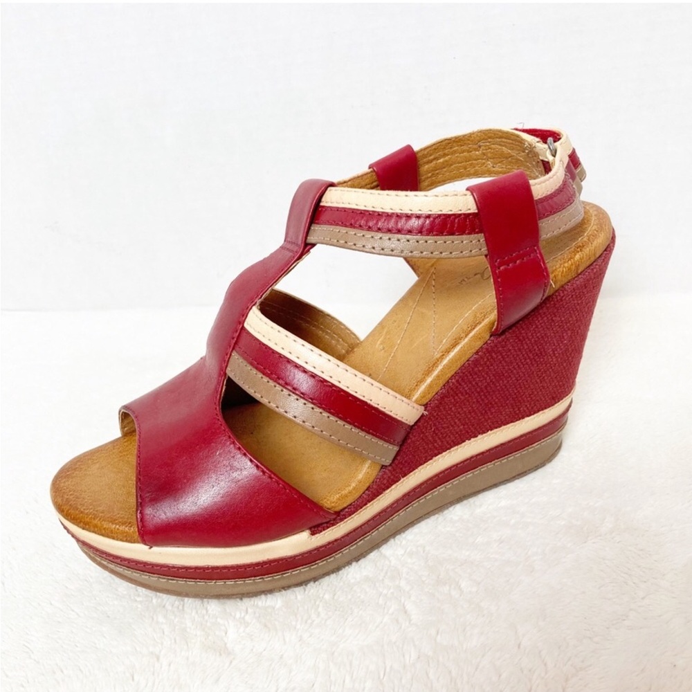 Naya - Elise Leather Platform Wedge Sandals Red Tan Cream  W-7.5. EUC